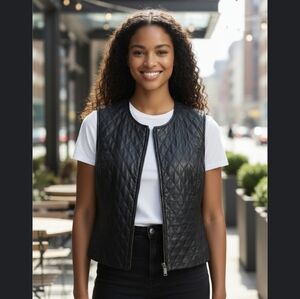 Women's Leather Black Quilted Vest